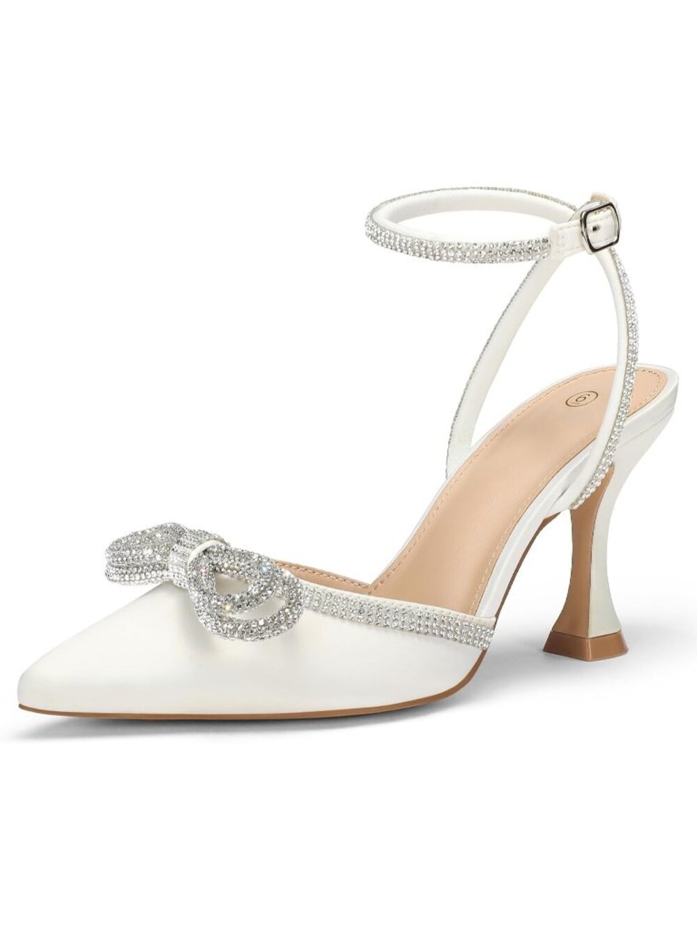 Women's White Rhinestone Kitten Heels Pumps Pointed Toe Ankle Strap Kitten Heel